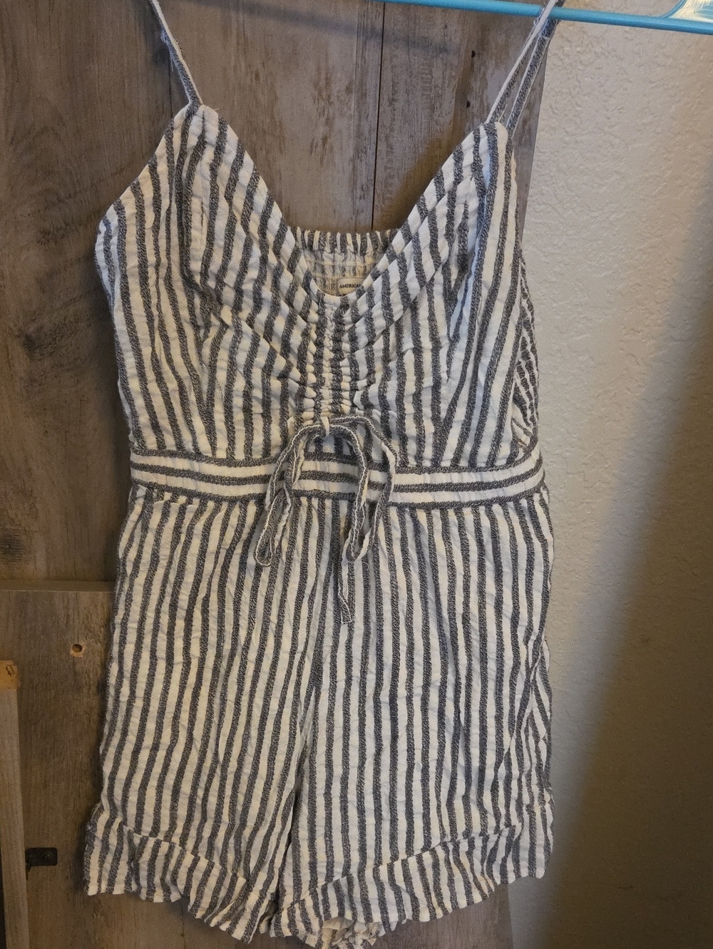 american eagle Striped Tie-Waist Linen Romper in White and Navy